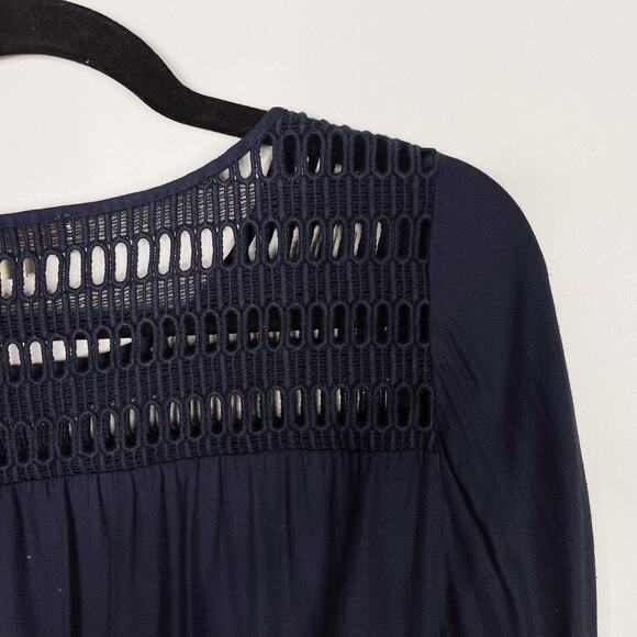 LOFT Navy Blue Medium M Eyelet Detail Long Sleeve Blouse Top Open Work Yoke - Picture 7 of 9